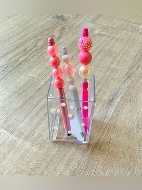 Homemade Crafted Beaded Pens & Pencils w/ Acrylic Pen Holder Stationery Set OS